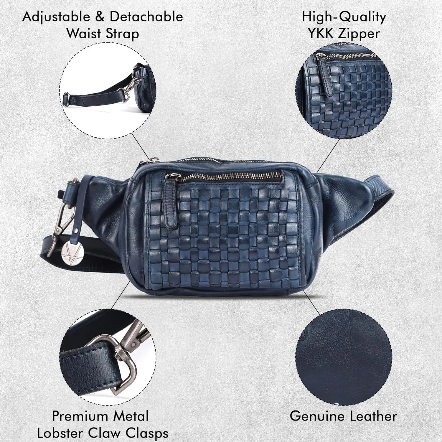 Vilenca Holland Stylish Real Leather Waist Bag Elegant Style Travel Pouch With Dust Bag, Navy, 20 x 13 x 6, Fit