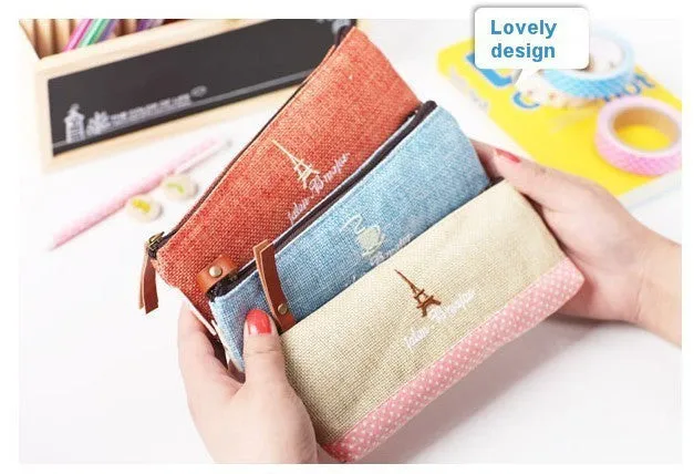 Vintage Canvas Tower Eiffel School Pencil Cases Korean Zipper Pencil Bag