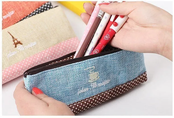 Vintage Canvas Tower Eiffel School Pencil Cases Korean Zipper Pencil Bag
