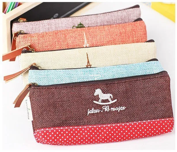 Vintage Canvas Tower Eiffel School Pencil Cases Korean Zipper Pencil Bag