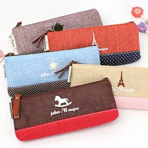 Vintage Canvas Tower Eiffel School Pencil Cases Korean Zipper Pencil Bag