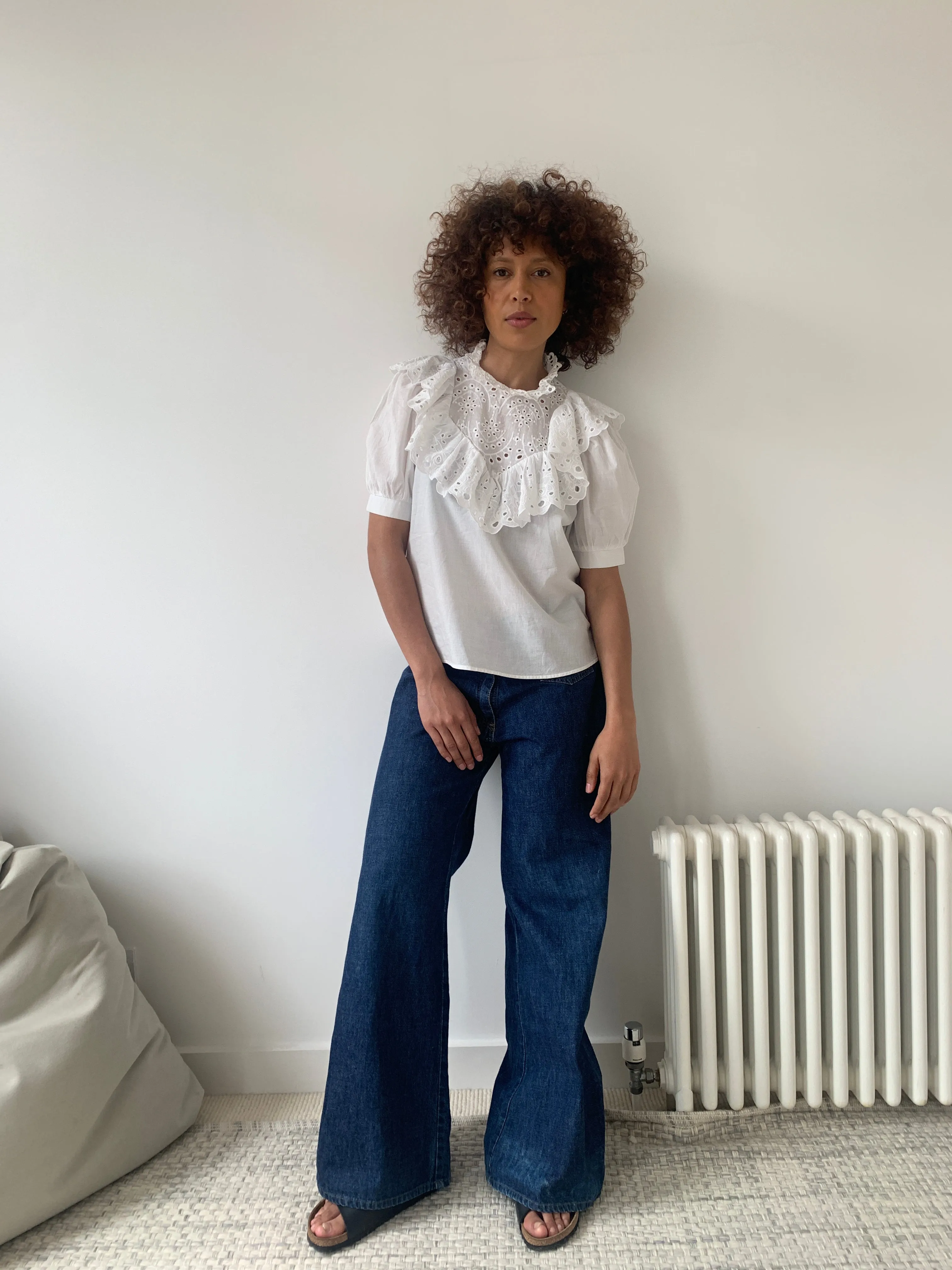 Vintage cotton broderie frill blouse