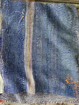 Vintage Kantha Cushion - Blue Stripe 1