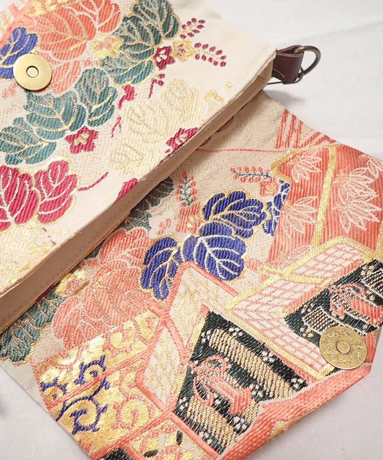 Vintage Kimono Obi Detachable Crossbody Bag  / Orange & Green Bird Japanese Shoulder Bag