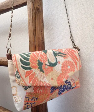 Vintage Kimono Obi Detachable Crossbody Bag  / Orange & Green Bird Japanese Shoulder Bag