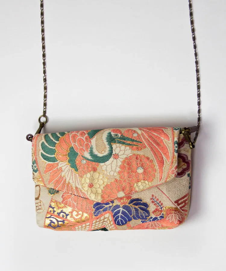 Vintage Kimono Obi Detachable Crossbody Bag  / Orange & Green Bird Japanese Shoulder Bag
