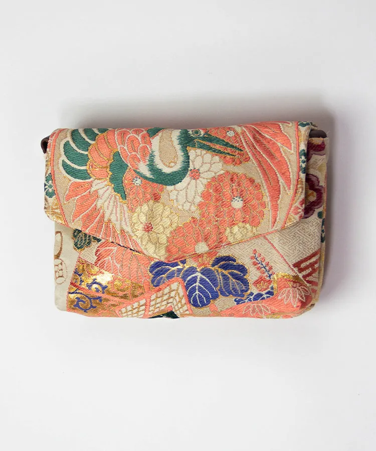 Vintage Kimono Obi Detachable Crossbody Bag  / Orange & Green Bird Japanese Shoulder Bag