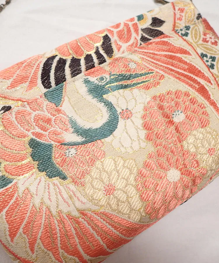 Vintage Kimono Obi Detachable Crossbody Bag  / Orange & Green Bird Japanese Shoulder Bag