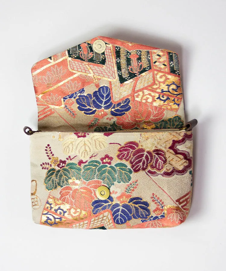 Vintage Kimono Obi Detachable Crossbody Bag  / Orange & Green Bird Japanese Shoulder Bag