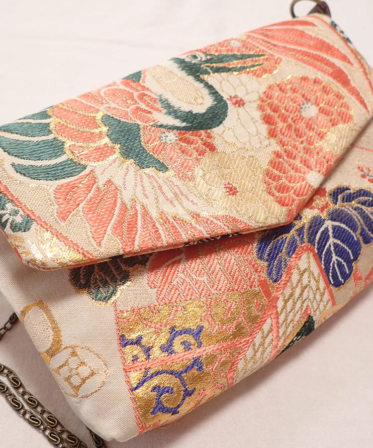 Vintage Kimono Obi Detachable Crossbody Bag  / Orange & Green Bird Japanese Shoulder Bag