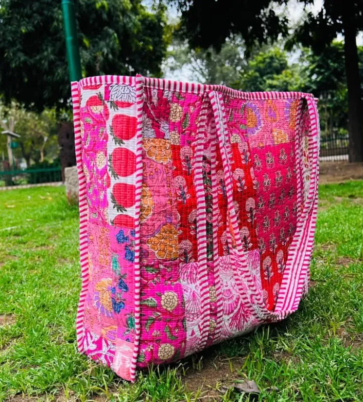Vintage Pink Patches Quilted Tote Bag, Block Print Quilted Fabric Tote Bag, Handmade Cute Shoulder Tote Bag Woman Tote bag