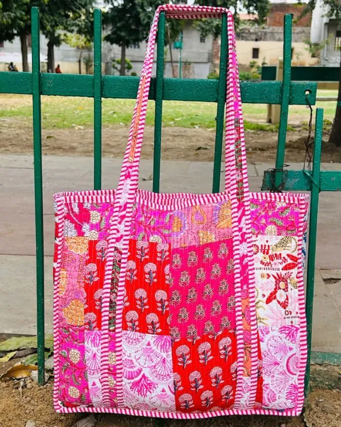Vintage Pink Patches Quilted Tote Bag, Block Print Quilted Fabric Tote Bag, Handmade Cute Shoulder Tote Bag Woman Tote bag
