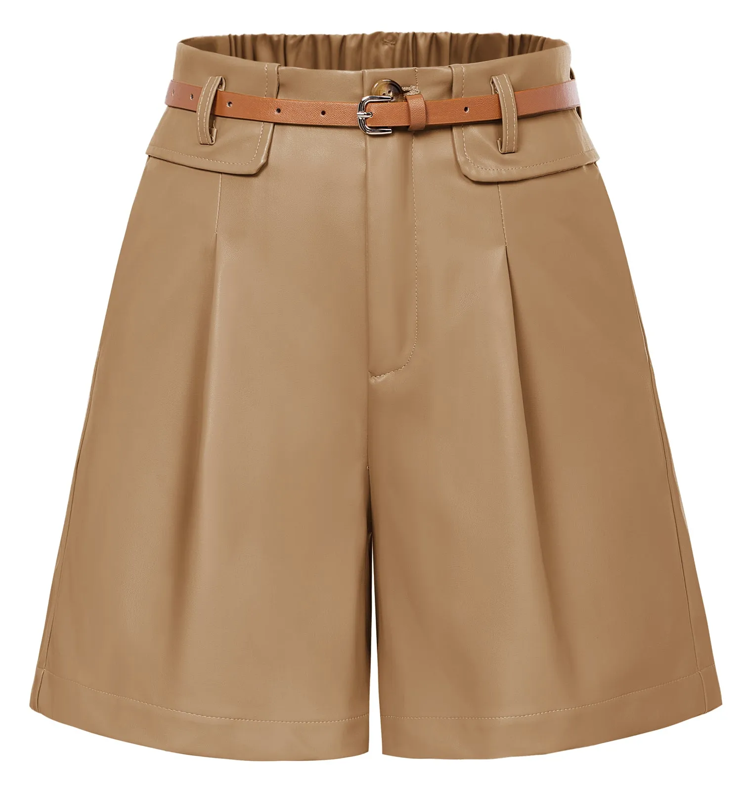 Vintage Polyurethane Leather Shorts with Belt Elastic Waist Shorts