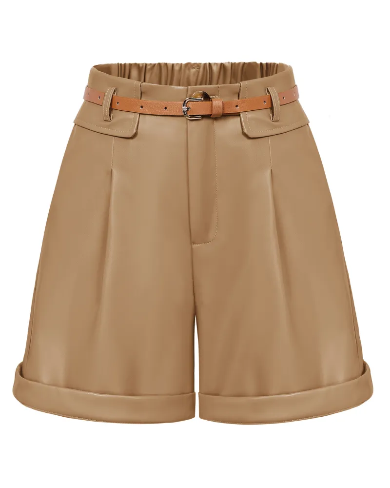 Vintage Polyurethane Leather Shorts with Belt Elastic Waist Shorts