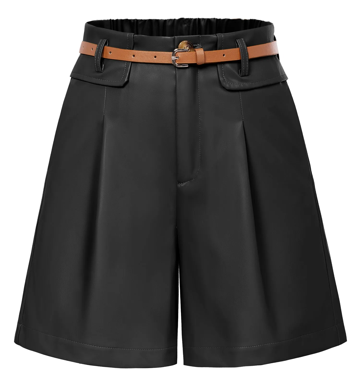 Vintage Polyurethane Leather Shorts with Belt Elastic Waist Shorts