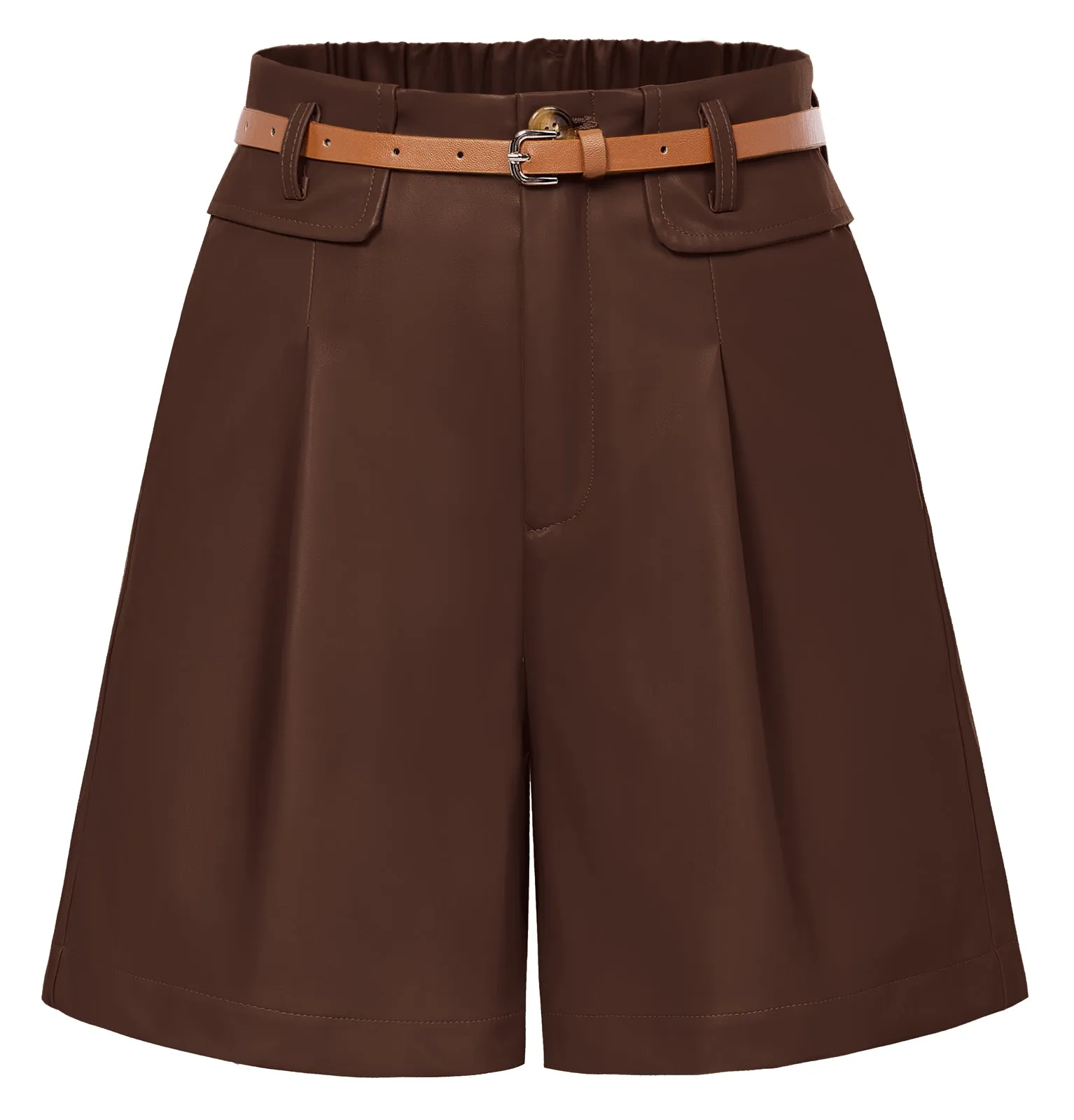 Vintage Polyurethane Leather Shorts with Belt Elastic Waist Shorts