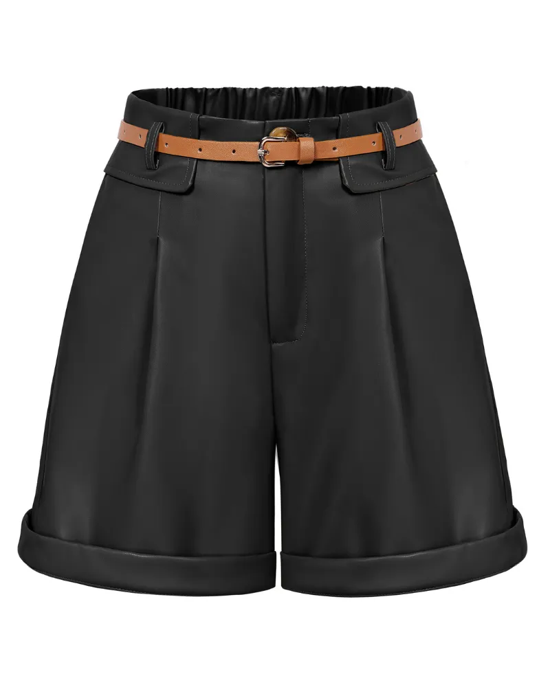 Vintage Polyurethane Leather Shorts with Belt Elastic Waist Shorts