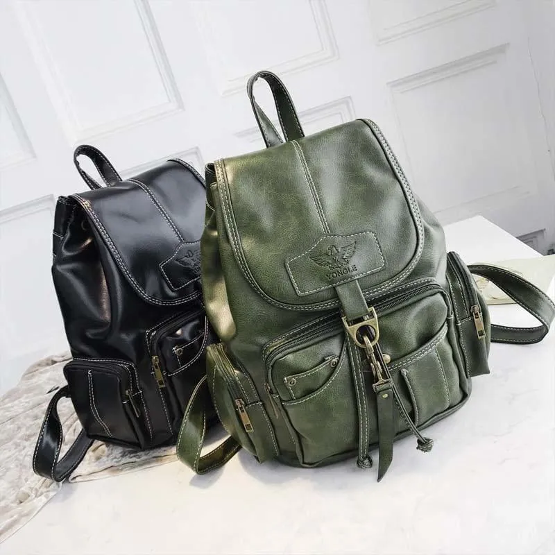 Vintage Women Backpack  Leather Black Drawstring Bag