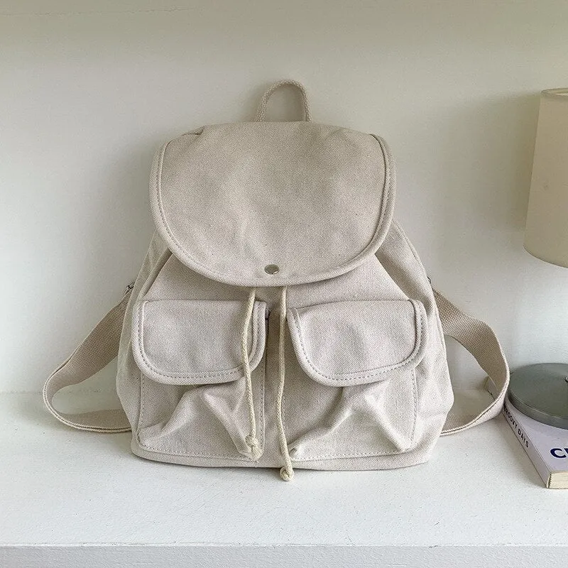 Vvsha Casual Harajuku canvas drawstring backpack girl Korea large capacity leisure student bagpack female simple travel black rucksack