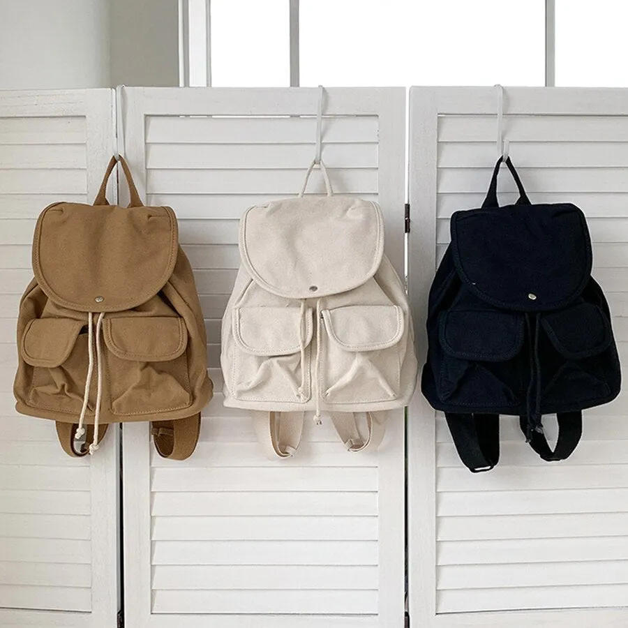 Vvsha Casual Harajuku canvas drawstring backpack girl Korea large capacity leisure student bagpack female simple travel black rucksack