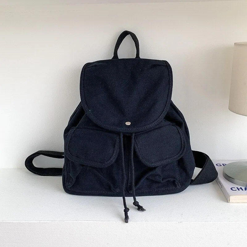 Vvsha Casual Harajuku canvas drawstring backpack girl Korea large capacity leisure student bagpack female simple travel black rucksack