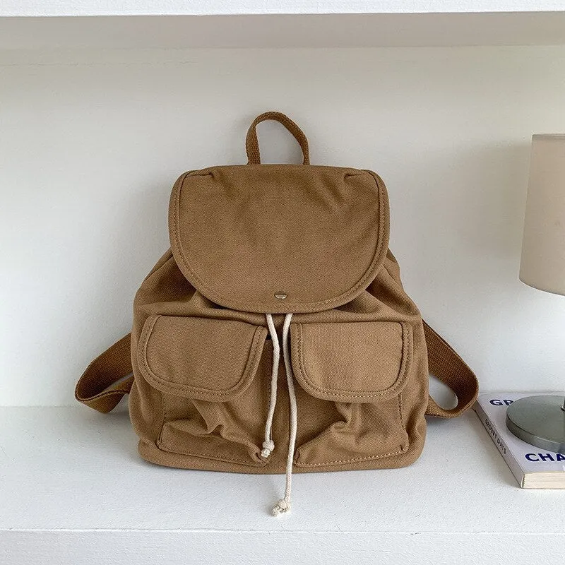 Vvsha Casual Harajuku canvas drawstring backpack girl Korea large capacity leisure student bagpack female simple travel black rucksack