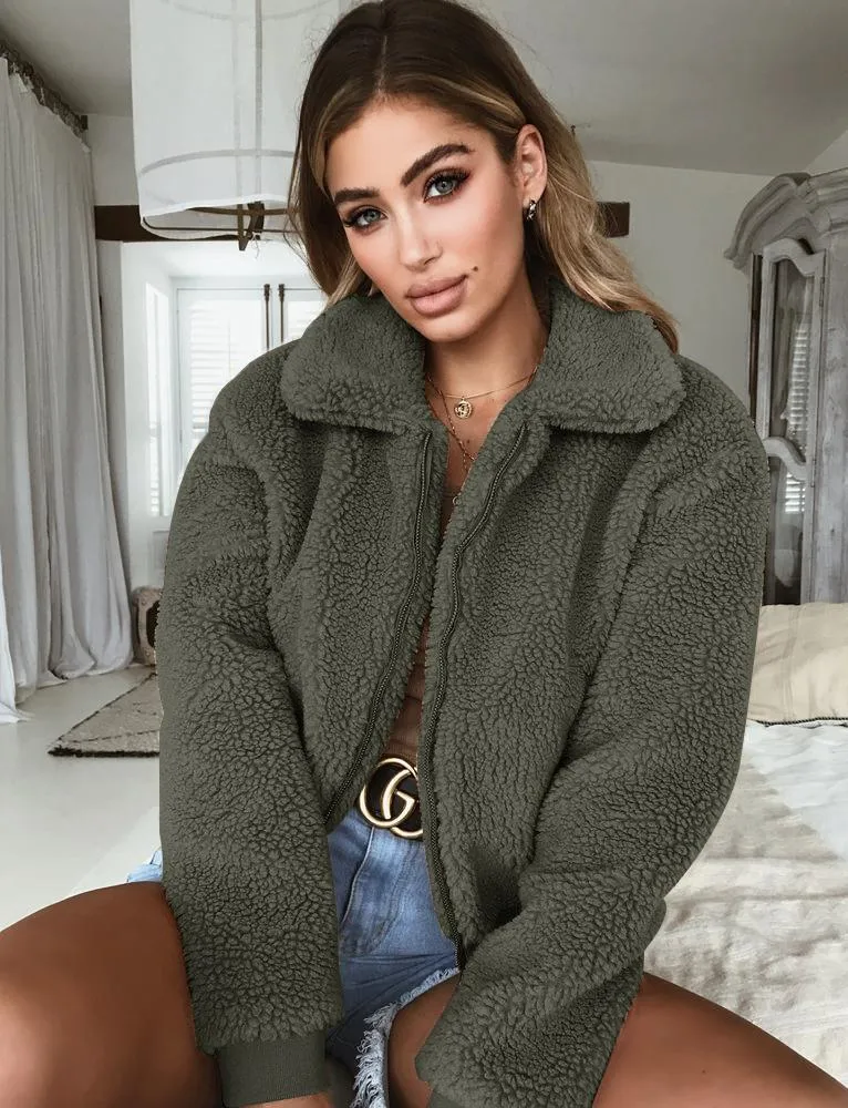 Warm Teddy Bear Fleece Zip Up Jacket Oversized Outdoor Coat