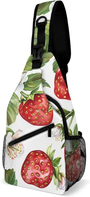 Watercolor Strawberries And Flowers Fashion Sling Bag Backpack Crossbody Shoulder Chest Bags Hiking Daypack