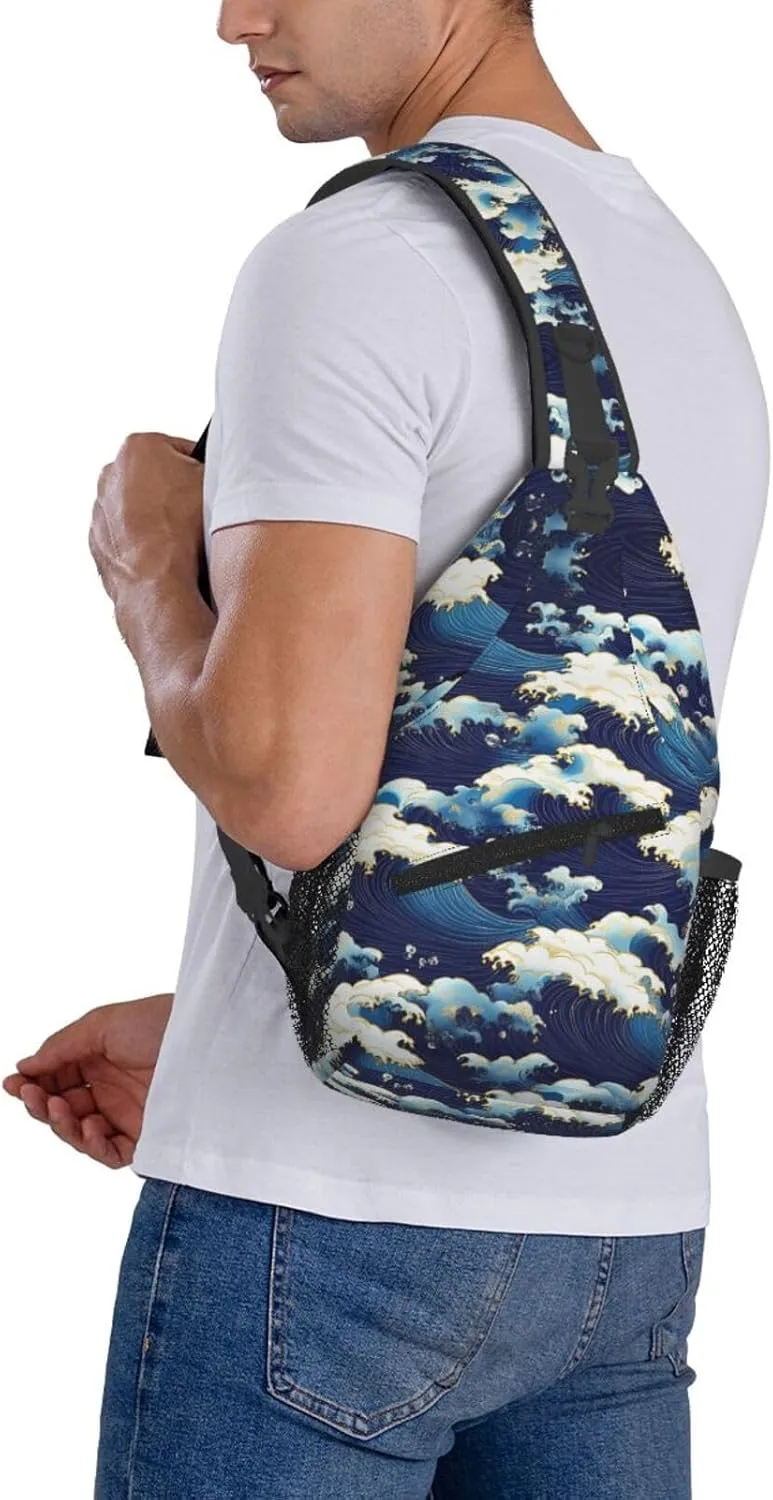 Waves Print Sling Bag Crossbody Shoulder Backpack Chest Bags Gym Travel Hiking Casual Daypack