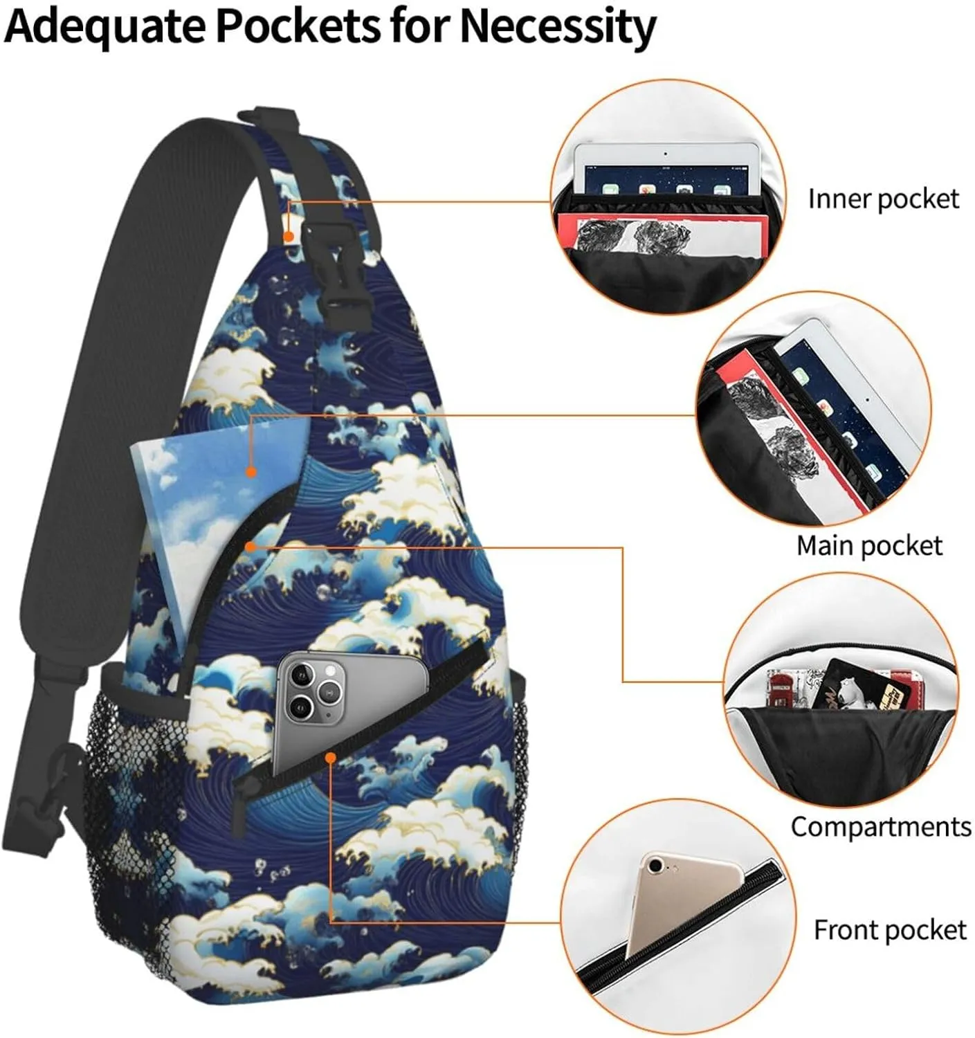 Waves Print Sling Bag Crossbody Shoulder Backpack Chest Bags Gym Travel Hiking Casual Daypack