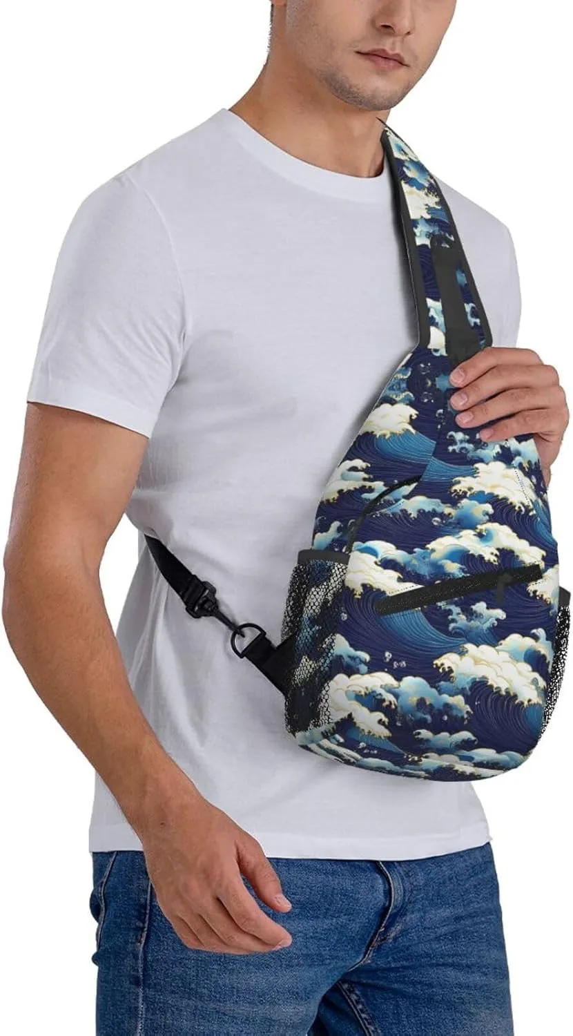 Waves Print Sling Bag Crossbody Shoulder Backpack Chest Bags Gym Travel Hiking Casual Daypack