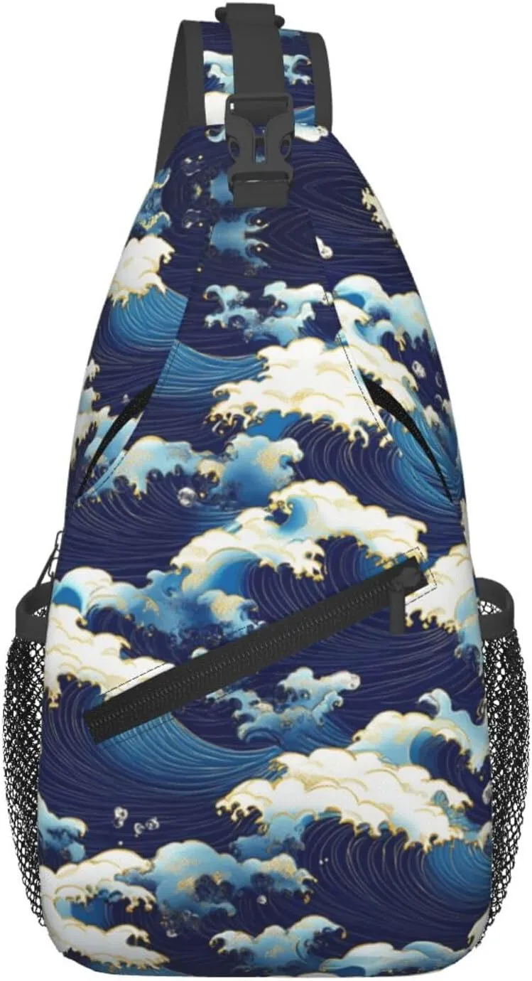 Waves Print Sling Bag Crossbody Shoulder Backpack Chest Bags Gym Travel Hiking Casual Daypack