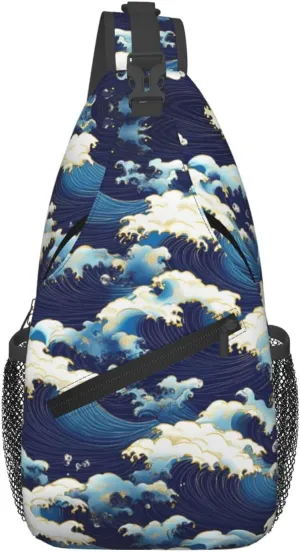 Waves Print Sling Bag Crossbody Shoulder Backpack Chest Bags Gym Travel Hiking Casual Daypack
