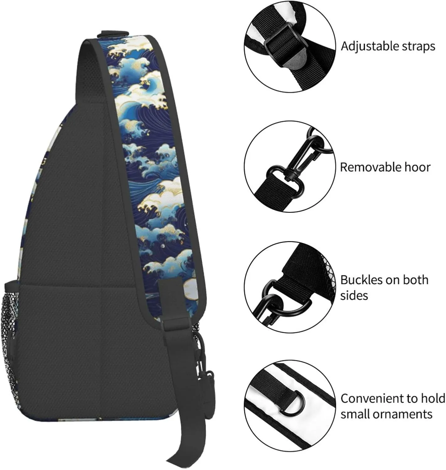 Waves Print Sling Bag Crossbody Shoulder Backpack Chest Bags Gym Travel Hiking Casual Daypack