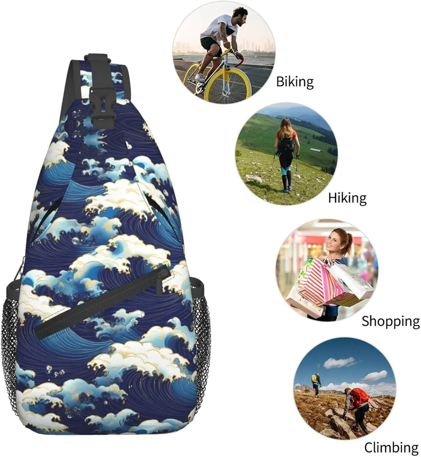Waves Print Sling Bag Crossbody Shoulder Backpack Chest Bags Gym Travel Hiking Casual Daypack