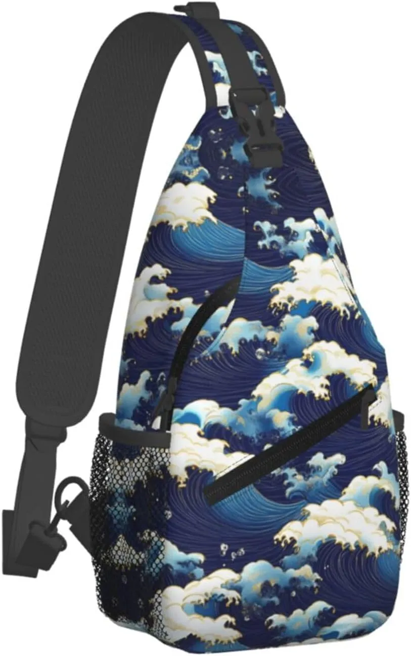 Waves Print Sling Bag Crossbody Shoulder Backpack Chest Bags Gym Travel Hiking Casual Daypack