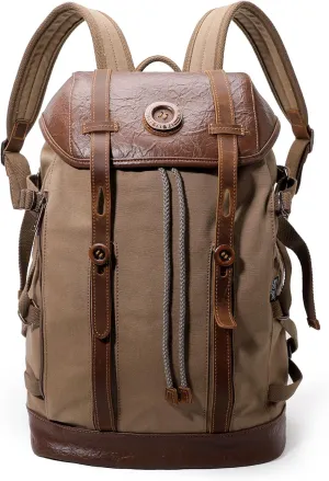WAY ONE Vintage Canvas Leather Backpack for Men and Women,2024 Backpack Waterproof Rucksack Knapsack Hiking Travel Outdoor,Genuine Leather Laptop Casual Retro Daypack Brown