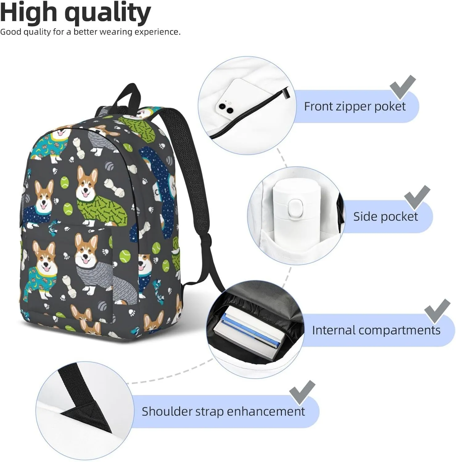 Wearing Clothes Corgi Dogs Print Canvas Backpack Women,Mens Travel Casual Daypack Bookbag For Laptop Work Travel Hiking