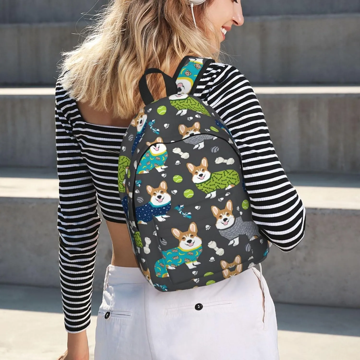 Wearing Clothes Corgi Dogs Print Canvas Backpack Women,Mens Travel Casual Daypack Bookbag For Laptop Work Travel Hiking