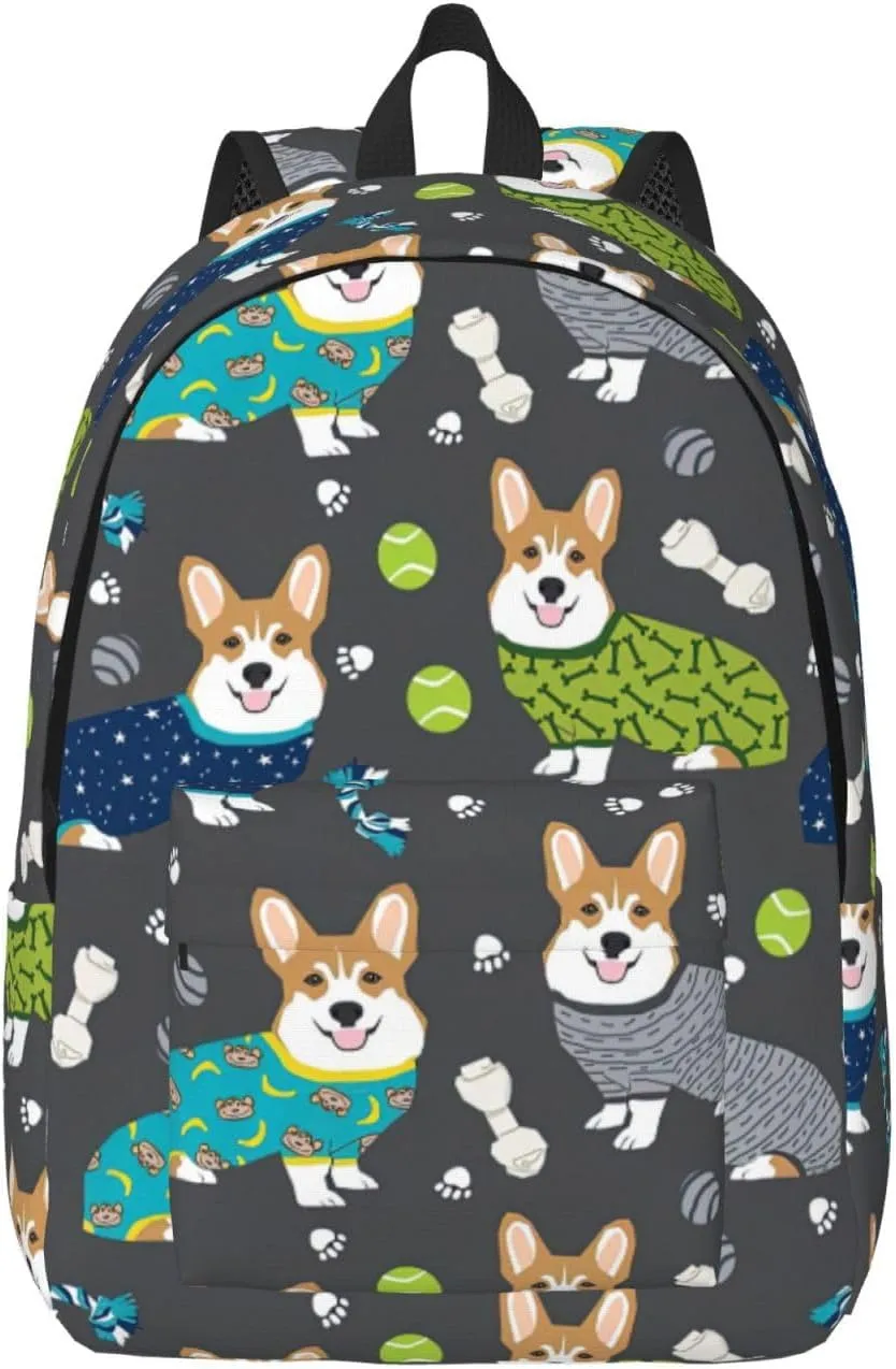 Wearing Clothes Corgi Dogs Print Canvas Backpack Women,Mens Travel Casual Daypack Bookbag For Laptop Work Travel Hiking