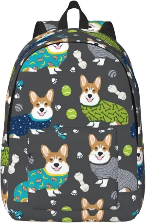 Wearing Clothes Corgi Dogs Print Canvas Backpack Women,Mens Travel Casual Daypack Bookbag For Laptop Work Travel Hiking