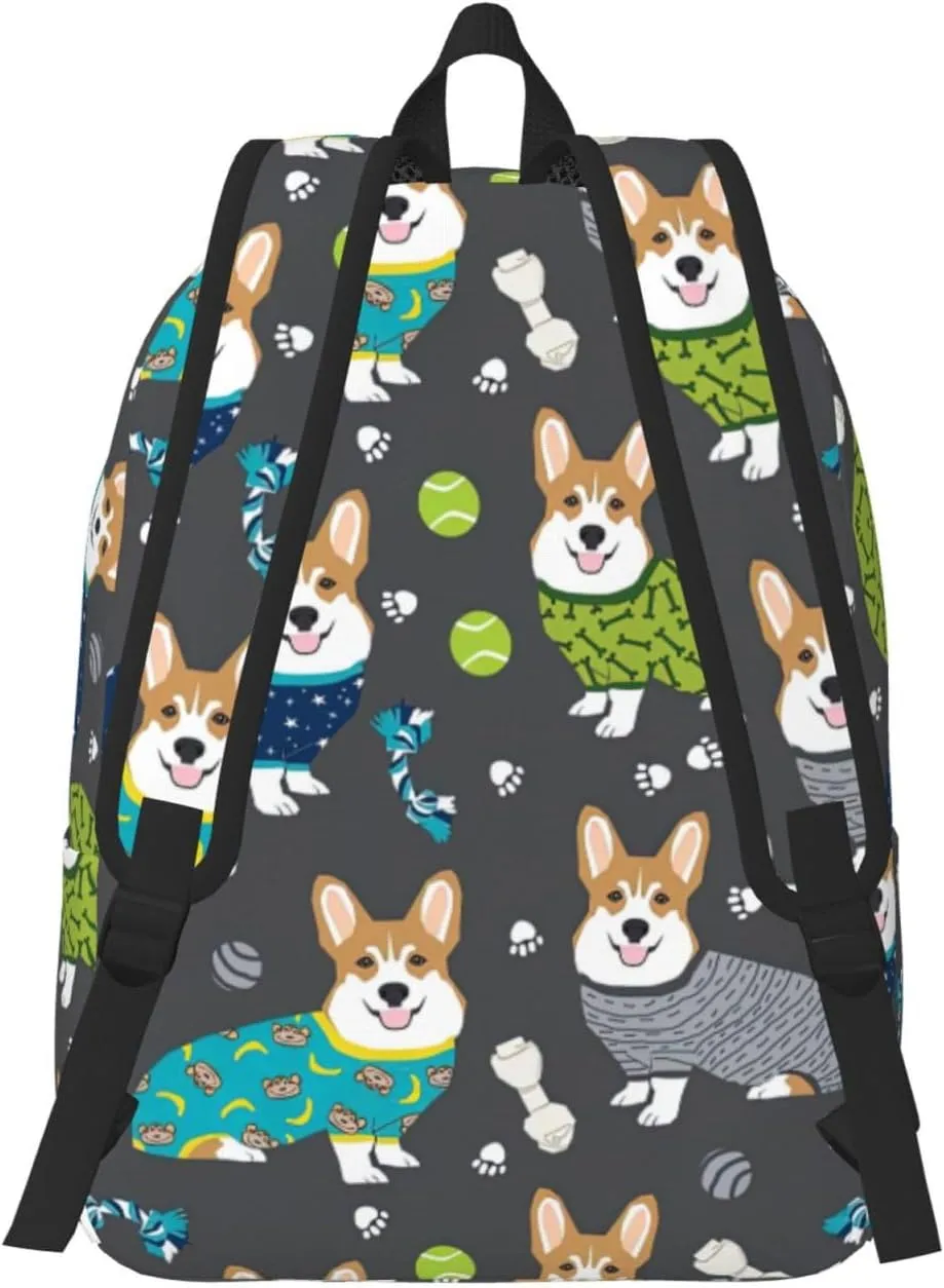 Wearing Clothes Corgi Dogs Print Canvas Backpack Women,Mens Travel Casual Daypack Bookbag For Laptop Work Travel Hiking
