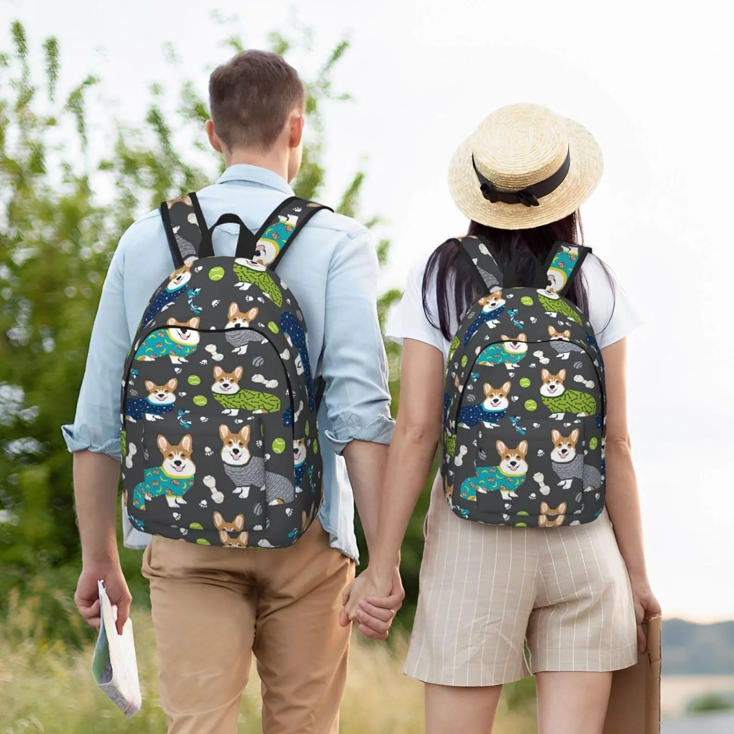 Wearing Clothes Corgi Dogs Print Canvas Backpack Women,Mens Travel Casual Daypack Bookbag For Laptop Work Travel Hiking