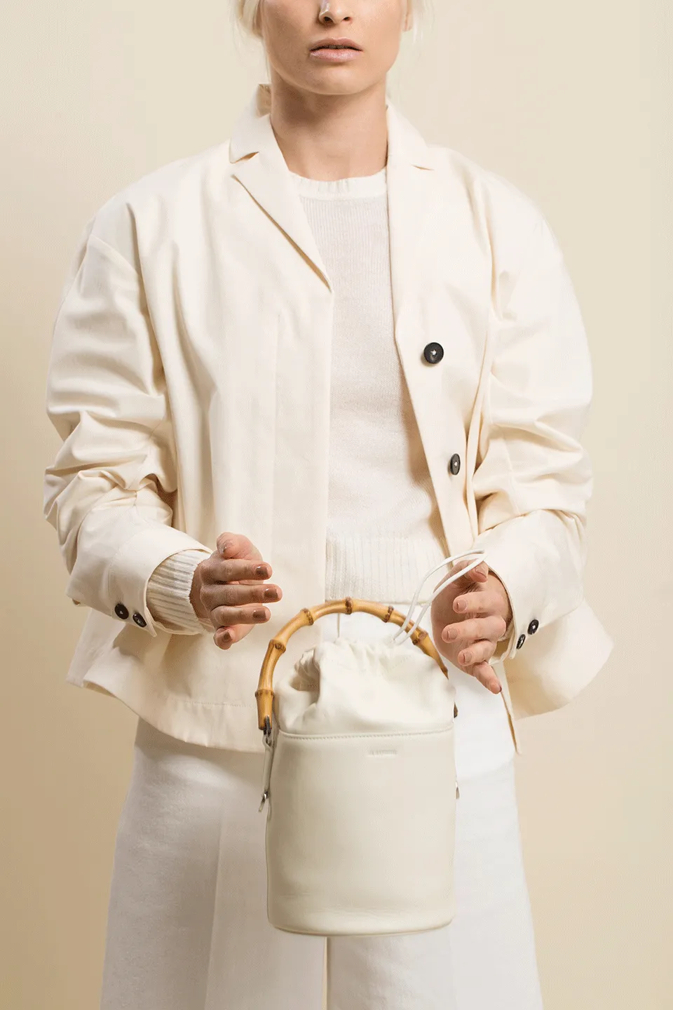 White Bamboo Handle Soft Bucket Bag