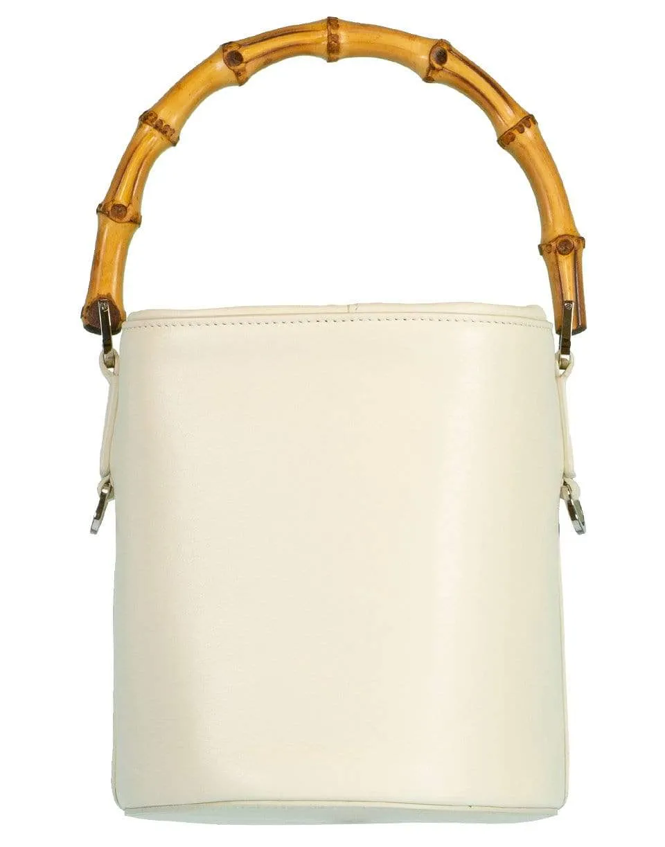 White Bamboo Handle Soft Bucket Bag