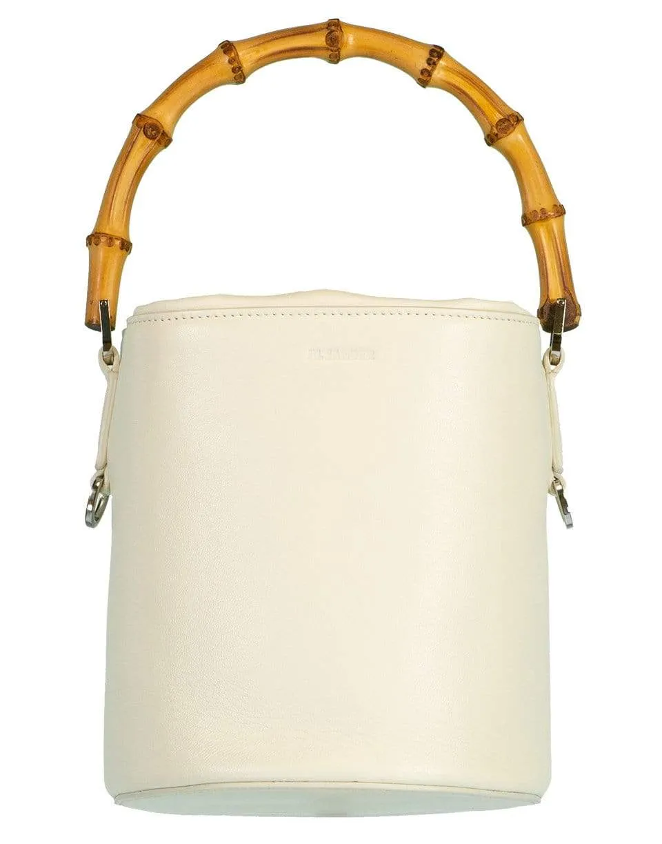 White Bamboo Handle Soft Bucket Bag