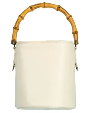 White Bamboo Handle Soft Bucket Bag