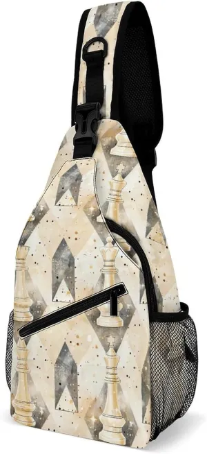 White Chess Pieces Checkmate Fashion Sling Bag Backpack Crossbody Shoulder Chest Bags Hiking Daypack