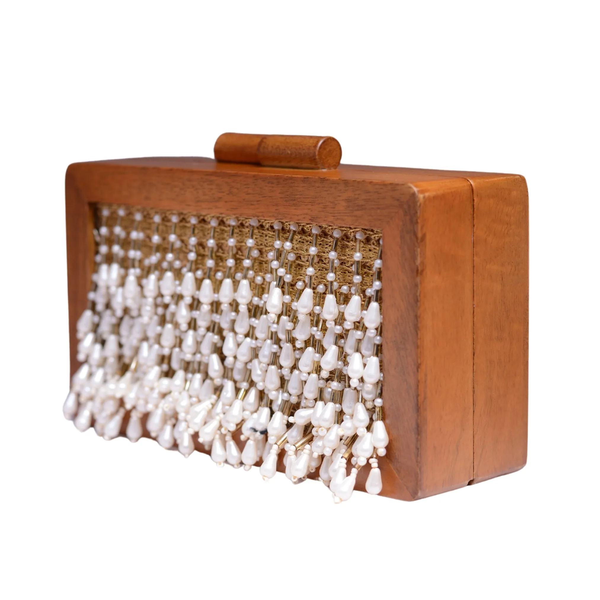 White Pearl Tassel Embellished Wooden Clutch