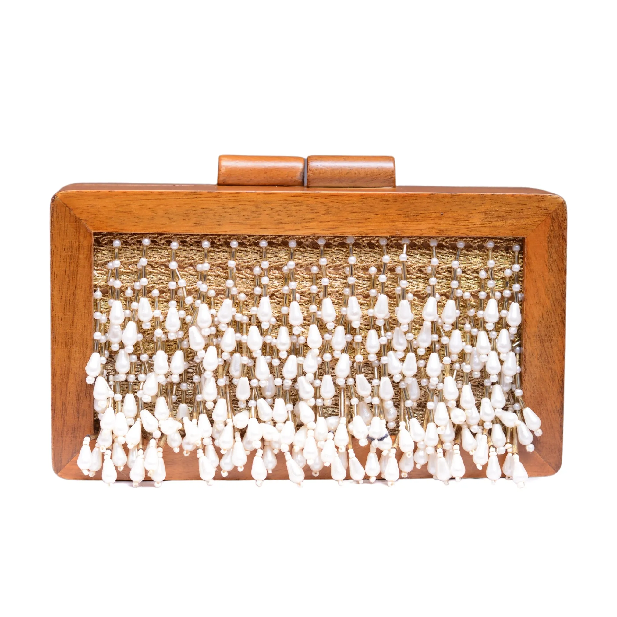 White Pearl Tassel Embellished Wooden Clutch